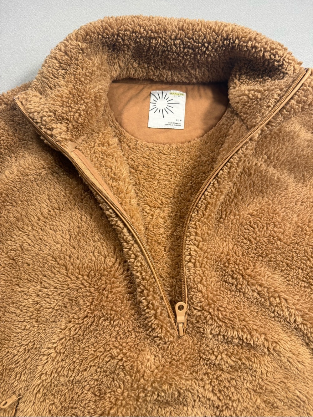 Small OFFLINE By Aerie Fluffy Sherpa Quarter Zip Sweatshirt Brown Beach Dune - Picture 4 of 12